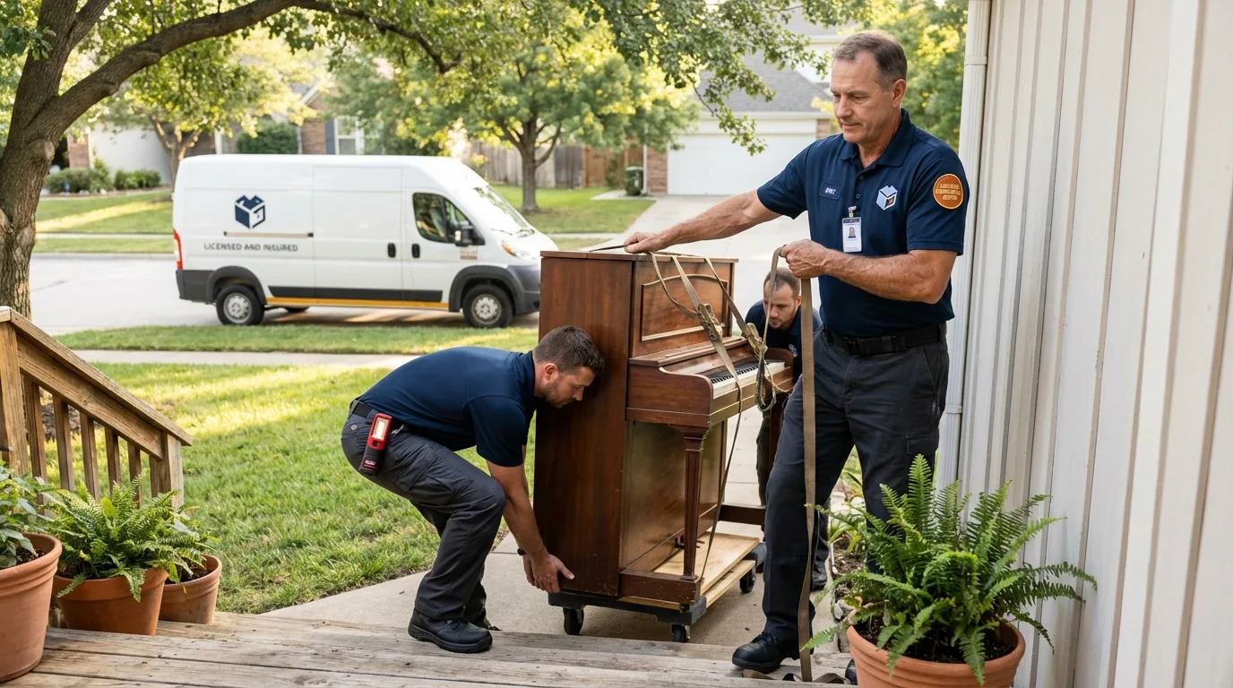 Licensed piano movers securing grand piano in Champlain, NY