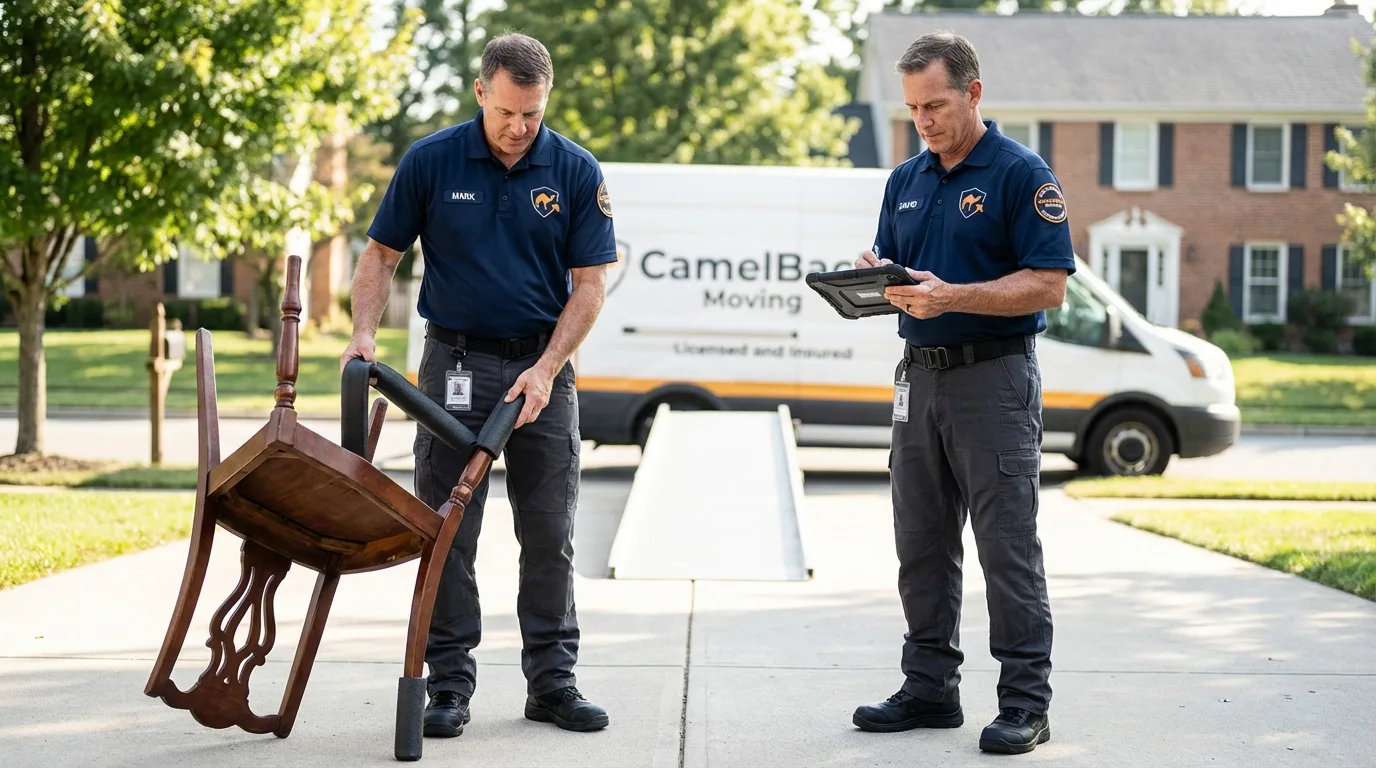 Movers inspecting furniture for damage prevention before loading in Champlain, NY