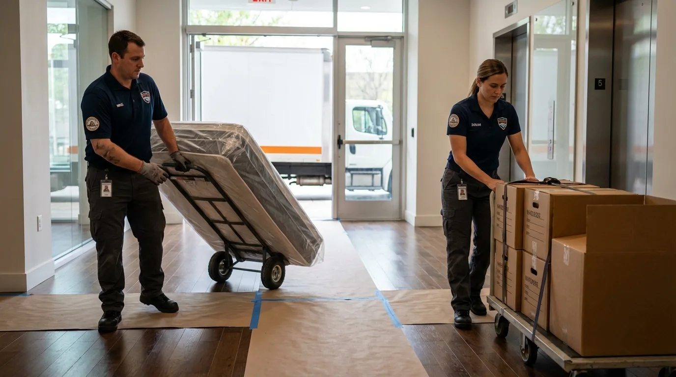 Professional apartment movers loading elevator in Champlain, NY