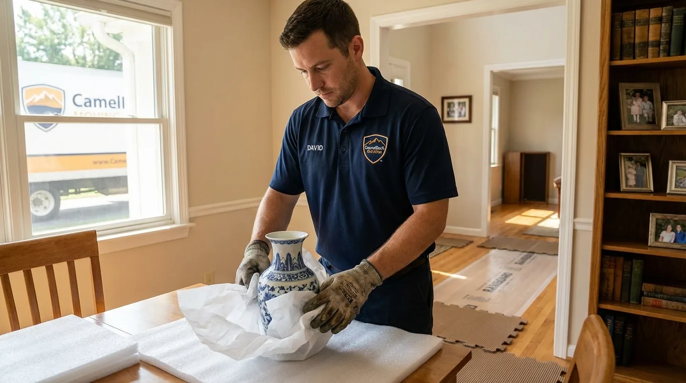 Professional crew carefully wrapping antique vase for senior downsizing move in Champlain, NY