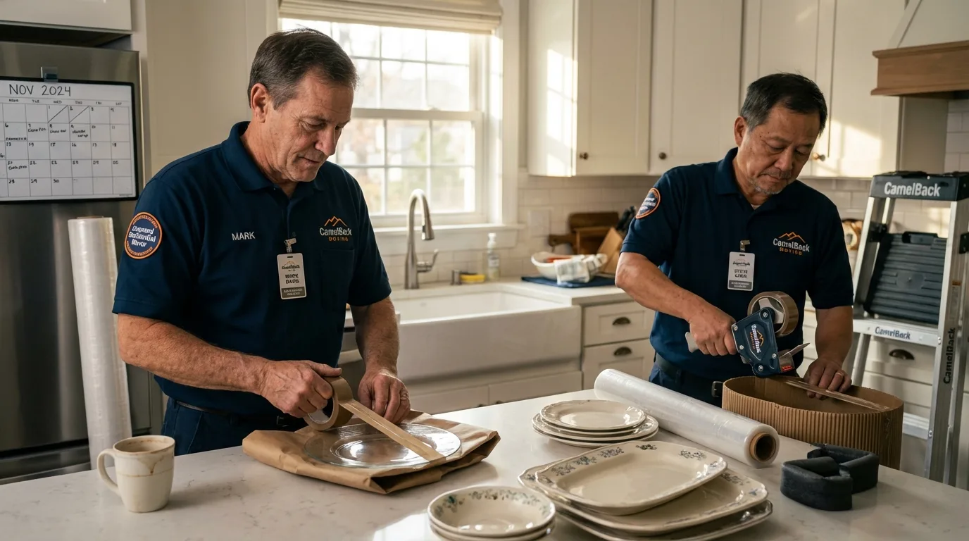 Professional crew packing kitchen dishware in Champlain, NY